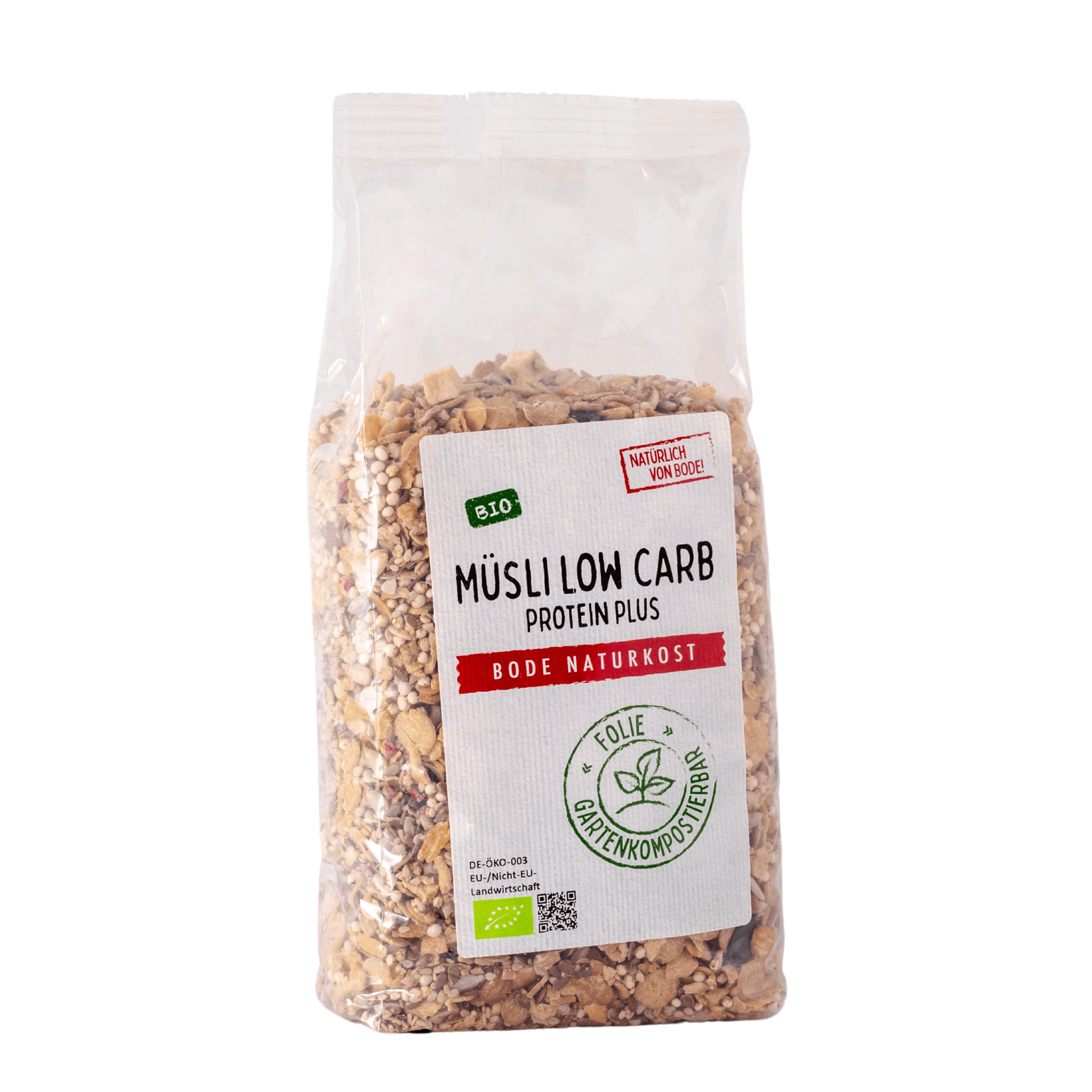 Müslit Low Carb Protein plus Luomu, 6 x 500 g puutarhakompostoituvassa kassissa