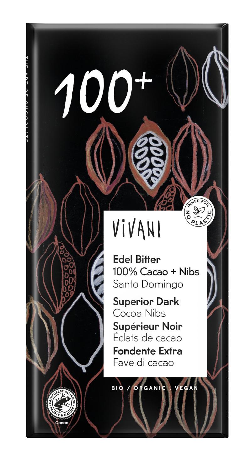 Tafelsuklaa Edel Bitter 100% Cacao + Nibs vegaani luomu Vivani 10x80g
