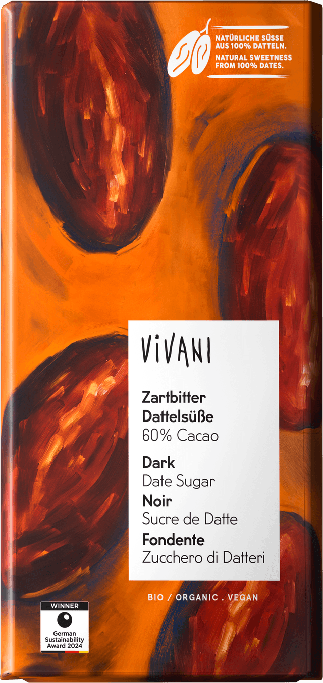 Dark chocolate bar date sugar 60% cocoa vegan organic Vivani 10x80g